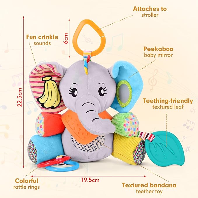 Baby Toys 0-12 Months Elephant with Detachable Touch-Sensitive Sound Box, 30 Sounds, Removable Bib, Teether, Rattle, BB Squeaker, Mirror for Strollers, Car Seats, Carriers