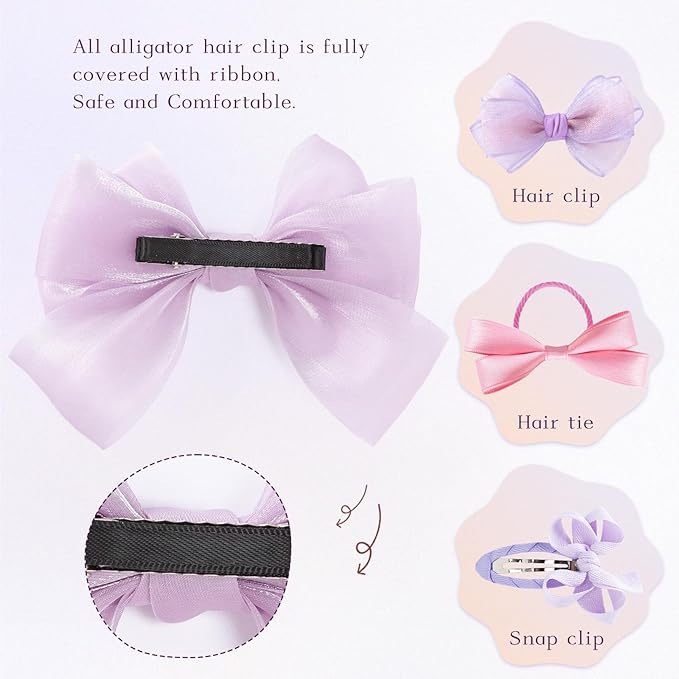 18pcs purple & pink hair bows for girls. cute bows with alligator clips, bow hair ties, snap-clip hairpins. Handmade hair accessories gift set for girls.