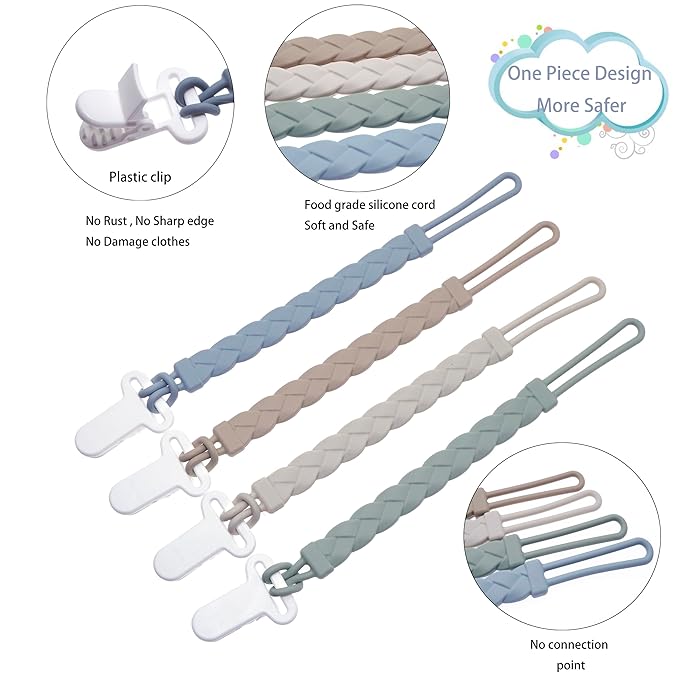 Silicone Pacifier Clips Baby Boys Girls, 4-Pack Flexible Woven Rope Braided Pacifier Clip Holder for Baby Essentials, Newborn Paci Binky Clips (Boy's Color)