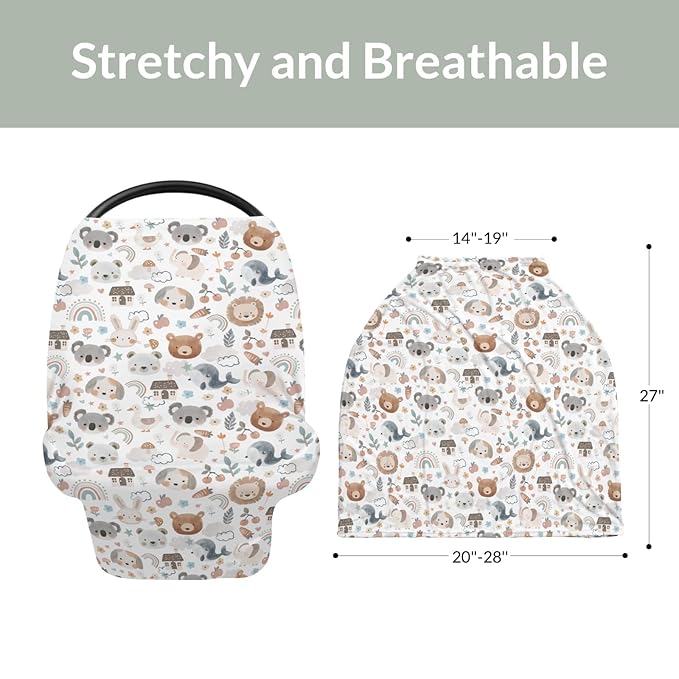 Boho Cute Watercolor Animals Baby Car Seat Covers Bear Lion Koala Bunny Whale Rainbow Floral Stretchy 5-in-1 Cover Adjustable Infant Carseat Canopy Cover Neutral Animal Breathable Nursing Cover-Up