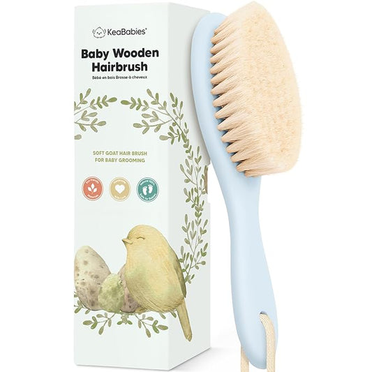 Wooden Baby Hair Brush for Toddler Girls, Boys - Cradle Cap Brush for Babies, Soft Goat Bristles, Perfect Gentle Scalp Newborn Comb for Infant, Girls, Boys, Bath Essentials (Frost, Regular)