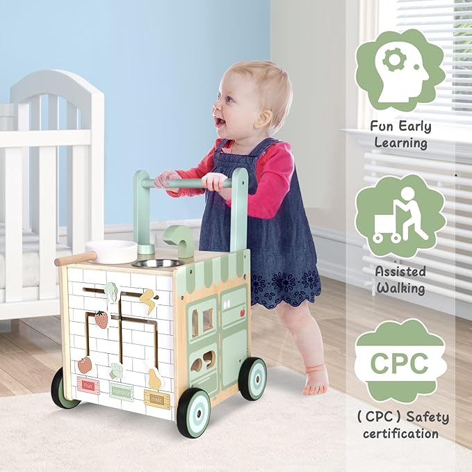 Asweets 8 in 1 Wooden Play Kitchen Baby Walker Push and Pull Learning Activity Walker for Boys and Girls with Bakery Kitchen,Shape Sorter and Movable Slider