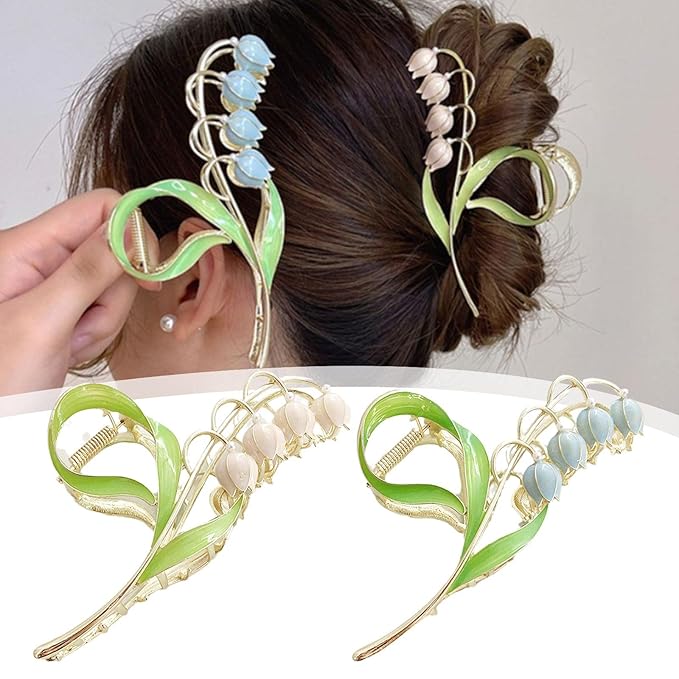 1PC Pink Gold Lily of The Valley Flower Hair Clips, Large Metal Claw Clip,Orchid Clamps,Lily Jaw Clamp Styling Accessories for Thick Thin Clips and Barrettes