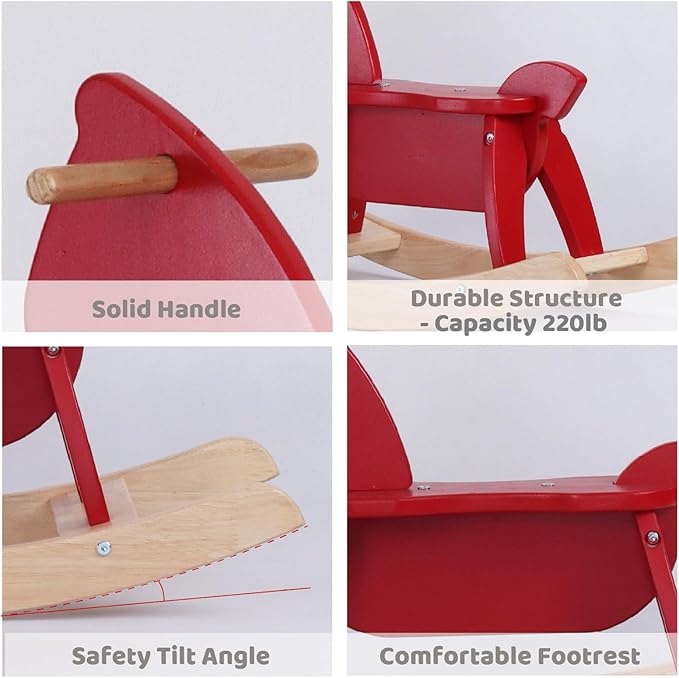 Red Wooden Rocking Horse Funny for Toddlers (Ages 2-4) - Solid Rubber Wood, Smooth Surface for Creative Decoration, Minimalist Rocking Horse, Vintage