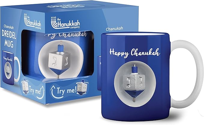 Ner Mitzvah Spinning Hanukkah Dreidel Mug - Happy Hanukkah Decorations - Blue & White Hanukkah Party Favors Idea
