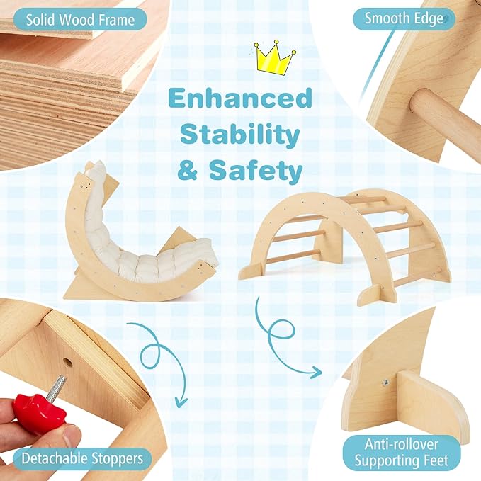Costzon Wooden Arch Sensory Table for Kids, 6-in-1 Toddler Indoor Montessori Climbing Toys with Cushion, Foldable Storage Bin, Arch Climber Ladder Learning Playset for Kids Gift Presents