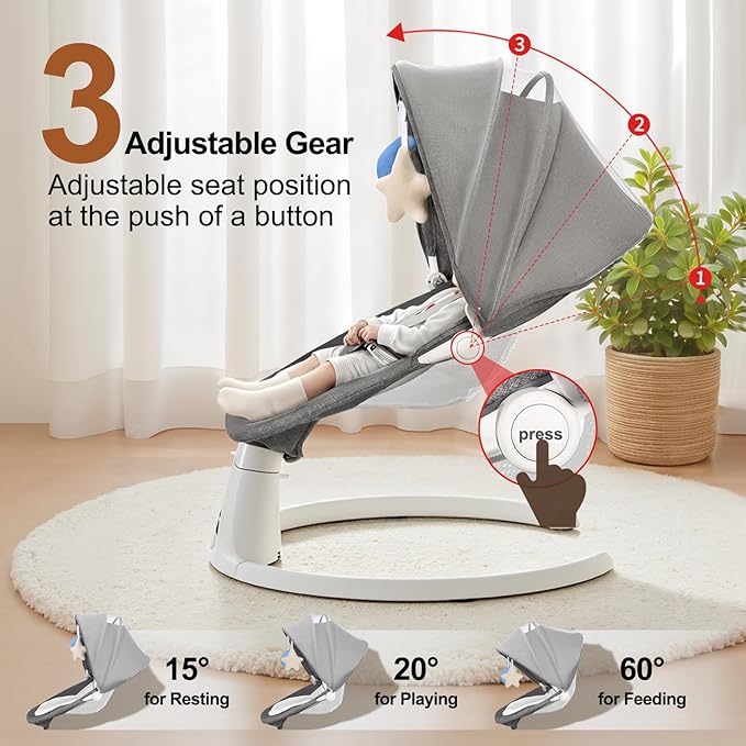 Baby Swing for Newborn to Toddler, 5 Speed Portable Infant Swing with Smart Touch Control, Remote Control, 10 Lullabies, Timer, 5 Point Harness and Soft Fabric (Grey)