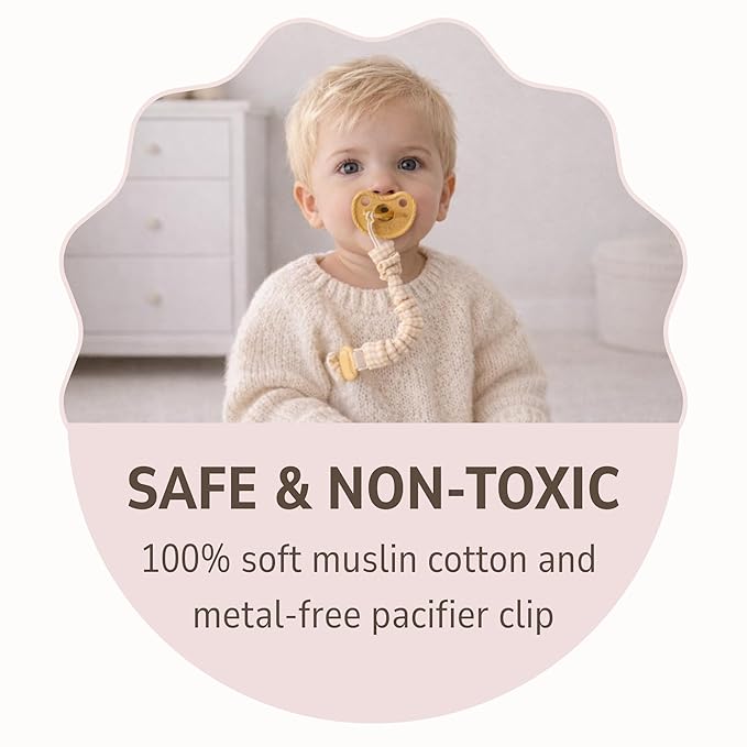 Muslin Cotton - Metal-Free Pacifier Clips, Lightweight and Secure Pacifier Holder for Babies (Sun Éclat) - Mila & Lulu