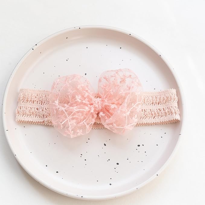 Lace White Bow-knot Baby Girls Headband Birthday Shower Infant Wrap Elastic Flower Baby Turban Hairband for Newborn Infant Toddler Kids (Pink B, Elastic)