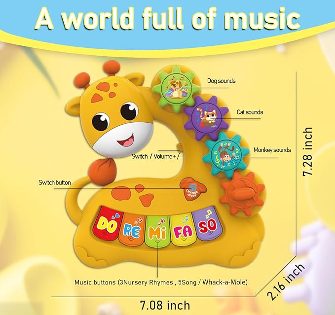 Baby Musical Piano Toys for Toddler 3 4 5, Busy Board with Music & Light, Birthday Toy for Infant Toddler 3 Years and Older Boy Girl Gifts (Yellow-Giraffe)