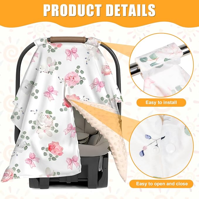 Floral Car Seat Cover Baby Girl, Soft Breathable Infant Car Seat Covers, Girl Baby Car Seat Covers, Skin-Friendly Sunscreen Nursing Stroller Cover 30" x 40"