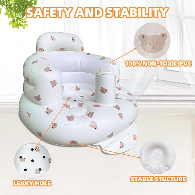AGITVPS Inflatable Seat for Babies 3-36 Months, Built in Air Pump Baby Chair Sit Me up Floor Seat for Baby, Bumbo Seat for Learning to Sit, Feeding, Camping (Bear)