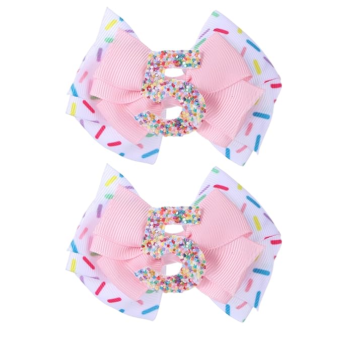 2pcs Birthday Hair Bow for Baby Girls, Sprinkle Confetti 5 Year Old Girl Birthday Decorations, Ice Cream Party Theme Bow Clips for Baby Girls Hair Pink
