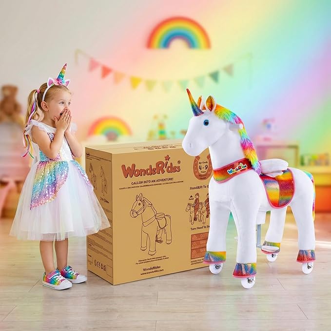 WondeRides Ride on Unicorn Horse Rainbow Pony Cycle Toy, 30.1 Inch Height Riding Pony Unicorn Toy Plush Rocking Mechanical Walking Animal with Wheels No Battery Size 3 for Kids 3-4 Years M332