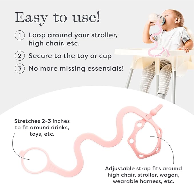 Bottle Bungee Cord Strap - Tether with Bungee Cord for Stroller - Dishwasher Safe Strap with Sippy Cup Leash Pink - Phthalate-Free Baby Bottle Leash - Pink, 0-36 Months