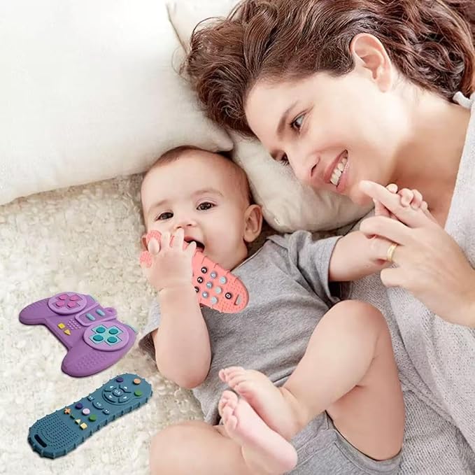 2 Pack Baby Teething Toys, Game Controller & TV Remote Shape Teether Set for Babies 6-12-18 Months, Gamer Silicone Chew Toys, BPA Free Relief for Infant Gum Pain