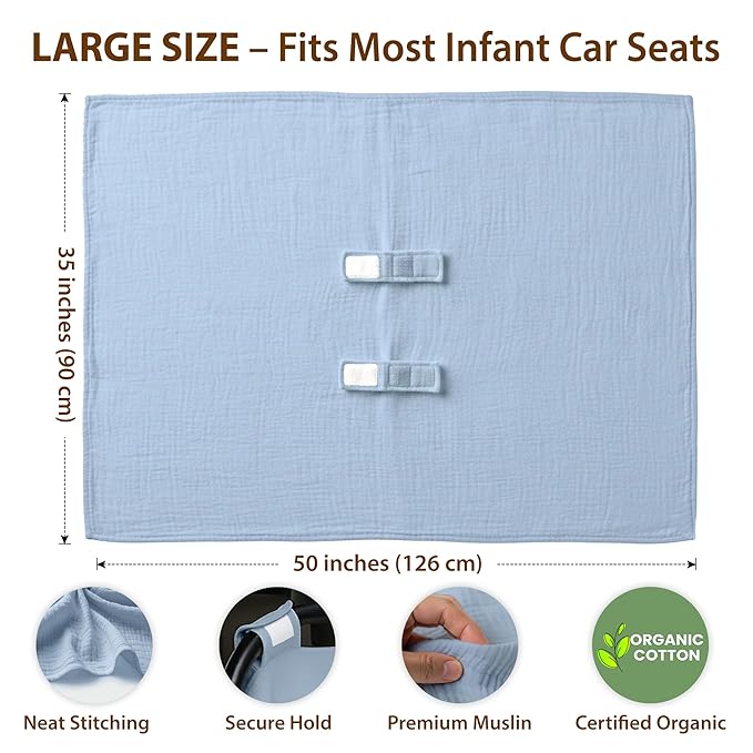 100% Organic Muslin Cotton Car Seat Cover 35 x 50 Inches Soft Touch Breathable Canopy, Protective Car Seat Cover Baby All Seasons Lightweight Car Seat Cover Travel Comfort (Blue)