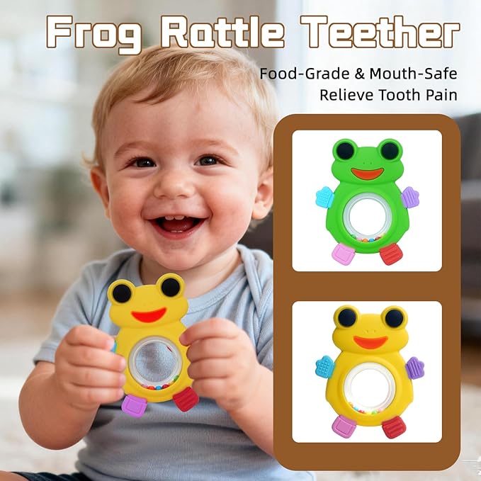 Baby Teething Rings Toys,Over Sized of A Frog Infant Toys Relief Teethers for Babies 3-6-12-18 Months,Sensory Toys Rattle Teether Silicone Teether Relief Chew Soothing,BPA Free