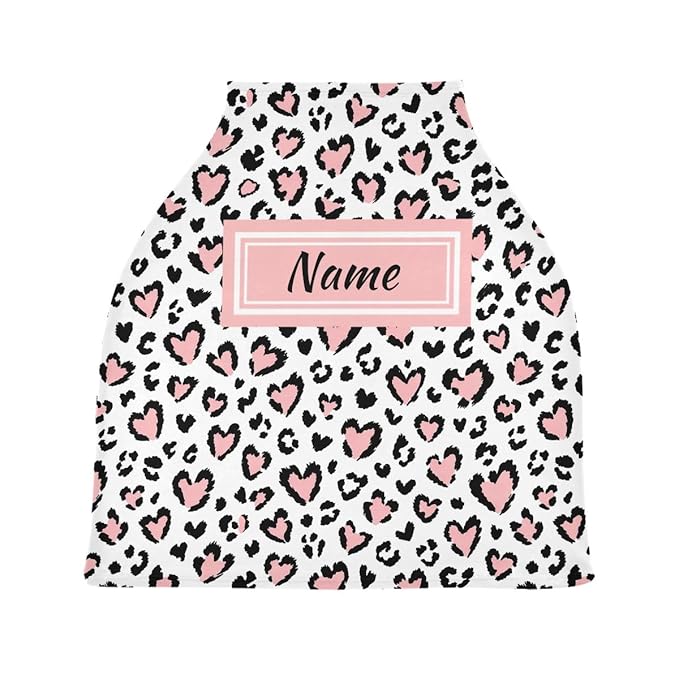 Custom Leopard Pink Heart Baby Car Seat Cover Personalized Your Name Nursing Covers Breastfeeding Scarf Infant Carseat Canopy for Mom Baby Gift