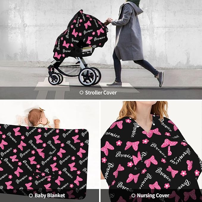 Custom Baby Car Seat Cover with Name – Personalized Pink Bow Nursing Cover, Infant Carseat Canopy, Shopping Cart Cover – Soft, Breathable & Warm – Ideal Shower Gift for Baby Girls