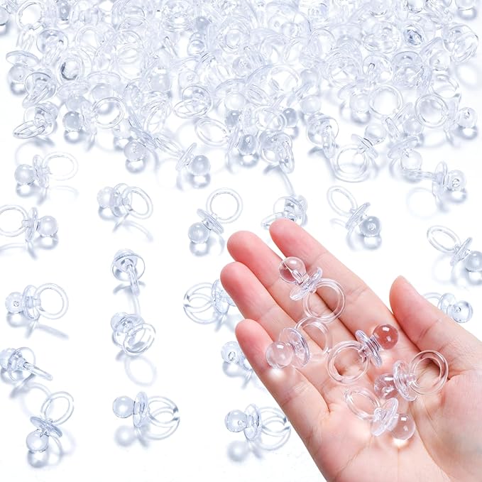 50 Pcs Mini Pacifiers Baby Shower Games, 1.25 Inch Cute Baby Shower Pacifiers, Bulk Acrylic Pacifier for Party Table Scatter, Pacifier Hunt Game, Gender Reveal Decoration Party Favors(Clear)