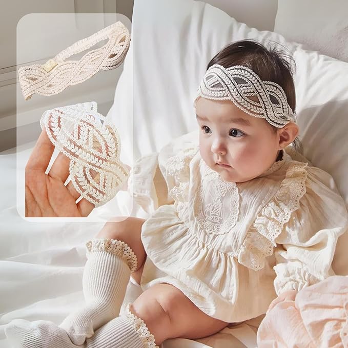 Lace White Bow-knot Baby Girls Headband Birthday Shower Infant Wrap Elastic Flower Baby Turban Hairband for Newborn Infant Toddler Kids (Wave, Elastic)
