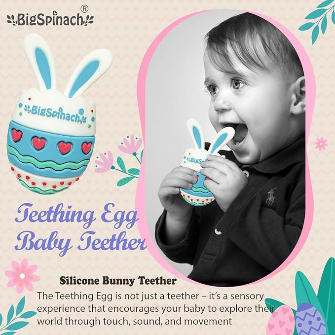 BIGSPINACH Easter Egg Baby Teether,Baby Teething Toy for Pain Relief,Silicone Bunny Rabbit Teether,Easter Gift for Babies,Sensory Toy for Boys & Girl (Baby Blue)