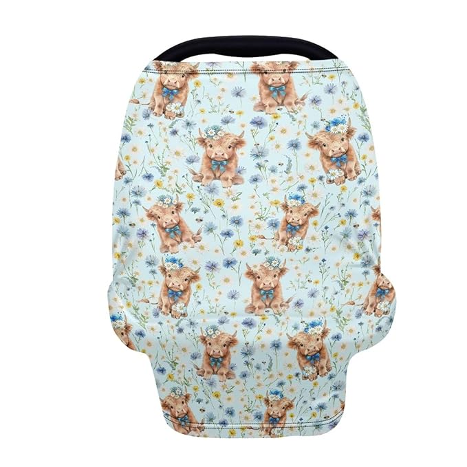 Binienty Blue Floral Baby Stuff Car Seat Covers, Highland Cow Print Multi Use Baby Nursing Scarf for Women Mom Multi-use Breastfeeding Carseat CanopyInfant Stroller Covers