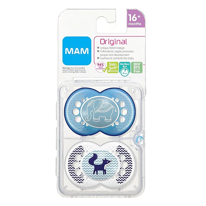 MAM Original Baby Pacifier, Nipple Shape Helps Promote Healthy Oral Development, Sterilizer Case, 2 Pack, 16+ Months, Animal/Boy