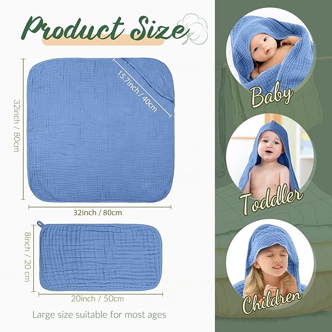 VitalCozy 12 Pcs Baby Muslin Hooded Bath Towels and Washcloths Muslin Cotton Hooded Baby Towels Absorbent Blankets for Gift Newborn Infant Shower (32 x 32 Inch,Cool Colors)