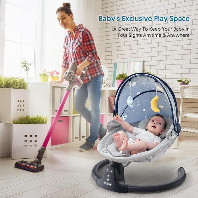 Bluetooth Baby Swing for Infants, Compact & Portable Baby Swing, 3 Seat Positions, 5 Swing Speed, 10 Music, Remote Control, USB Plug-in Power, Reversible Cushion for All Seasons