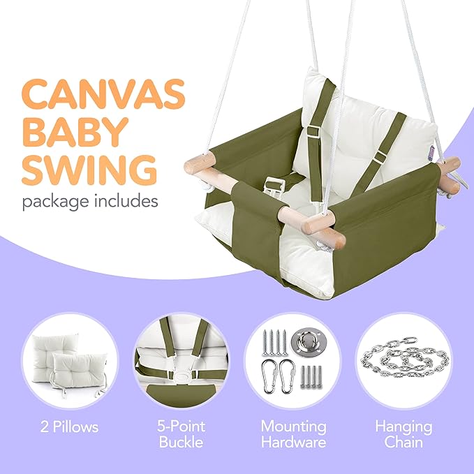 CaTeam - Canvas Baby Swing, Wooden Hanging Swing Seat Chair with Safety Belt, Durable Baby Swing Chair, Outdoor and Indoor Swing for Kids, Mounting Hardware Included, Green