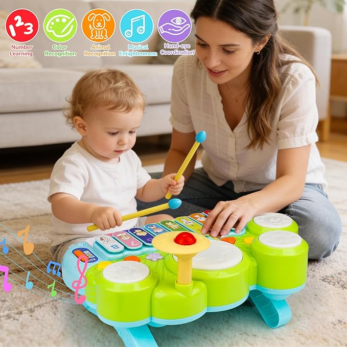 Baby Piano Drum Set for Toddlers 1-3, Musical Toys 3 in 1 Baby DJ Table Piano Keyboard Xylophone Instruments for 1 2 Year Old Boys Girls Music & Light Activity Table 6-12-18 Months Old Birthday Gifts