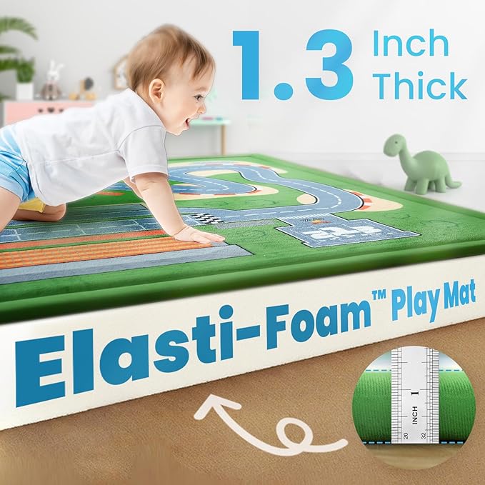 1.3" Thick Baby Floor Play Mat 79x158, Basic Padded Memory Foam Kids Mat, Extra Large Non-Slip Plush Playmat for Nursery Playroom Classroom (Race Track)