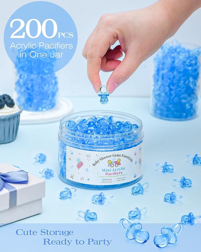 200 Pcs Mini Pacifiers Baby Shower Games, 0.86'' Acrylic Pacifiers in Clear Jar, Chupones para Baby Shower Pacifier for Party Favors, Table Scatter, Gender Reveal Decoration DIY Craft(Blue)