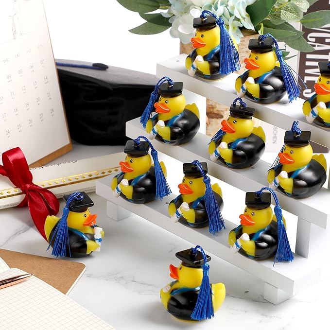 Lewtemi 12 Blue Graduation Diploma Rubber Ducks 2025 Grad Rubber Duck Graduation Duck Bulk Cake Topper for Bathtub Swimming Pool Theme Party, 2.5 x 2.5 x 2 Inch
