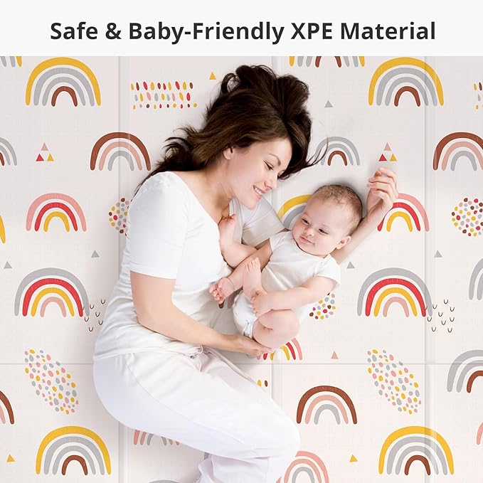 Foldable Baby Play Mat, PIGLOG 50x50 Playpen Mat, Waterproof Playmats for Babies and Toddlers Kids, Safe Foam Playmat for Tummy Time, Reversible Portable Baby Floor Mat for Infant, Colorful+Rain