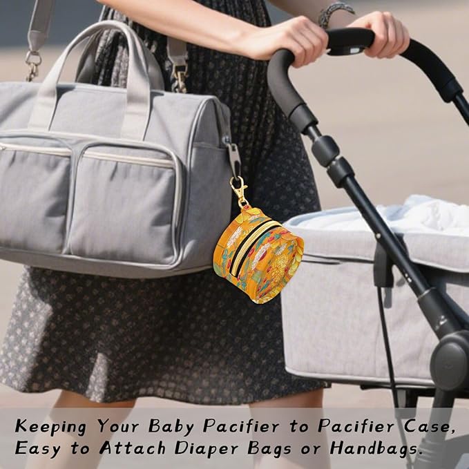 Pacifier Holder with Clip Pacifier Case for Diaper Bag Round Baby Pacifier Pouch Box Bag Portable Orange Cute Chrysanthemum and Cherries