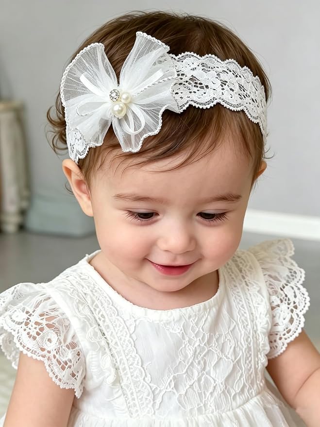 Baby Girls Headband White Bow Lace Headbands Soft Elastic Bowknot Hairbands Cute Hair Accessory for Newborn Kids Infant Toddler Baptism Birthday Party (Wide Lace Flowers)