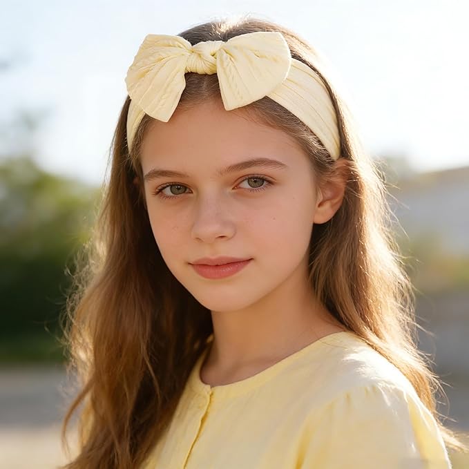 baotongle 3pcs Baby Girls Headbands Soft Stretchy Nylon Hair Bands Hair Accessories with Bows for Newborn Baby Girls Infant Toddlers Kids(Yellow,Pale Yellow,Orange Pink, 5.7inches)