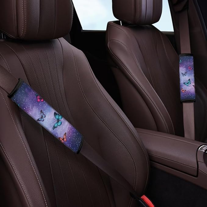 AFPANQZ 2PCS Car Seat Belt Cover Pads Cushion Galaxy Butterflies Safety Seatbelt Pad Head and Neck Support Adjustable Driver Shoulder Protection Luggage Bag Strap Pad