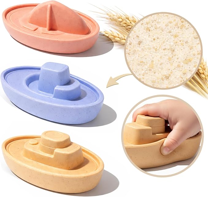 Baby Bath Toys 6-12 Months, No Hole Fully Sealed Wheat Straw Bathtub Boats for Toddlers 1-3, Floating Water Playset for Boys & Girls, for Kids, Sensory Montessori Play Set