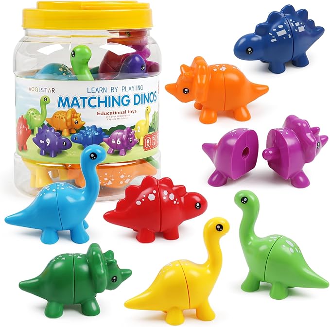 Montessori Matching Dinosaurs Toy, Color and Shapes Recognition, Snap and Pattern Match Game Preschool Learning Toys Homeschooling Class Activity Teaching Tool, Birthday Gift for Kids boys & Girls