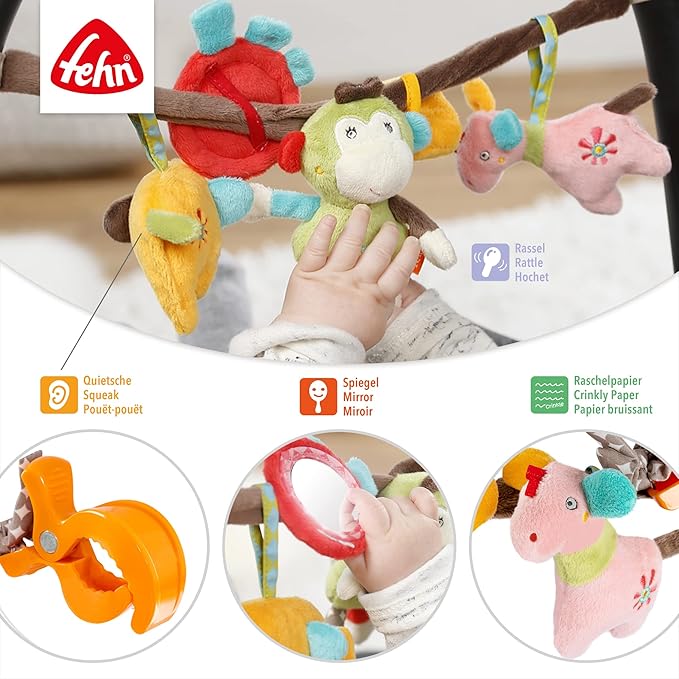 Fehn 074550 Safari Pram Chain – Mobile Chain with Cute Characters to Hang On Prams, Baby Seats Or Cots – for Babies and Toddlers from Newborns Upwards, Length : 45 cm