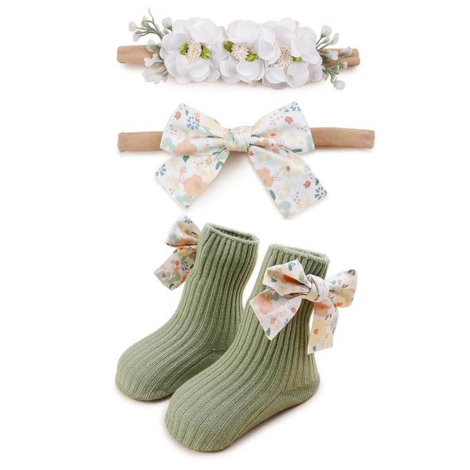 cherrboll Baby Girl Headbands and Socks Set, 3Pcs Soft Floral Hairbands Hair Bows Knit Socks for Newborn Infants Toddlers Photography Props Gifts