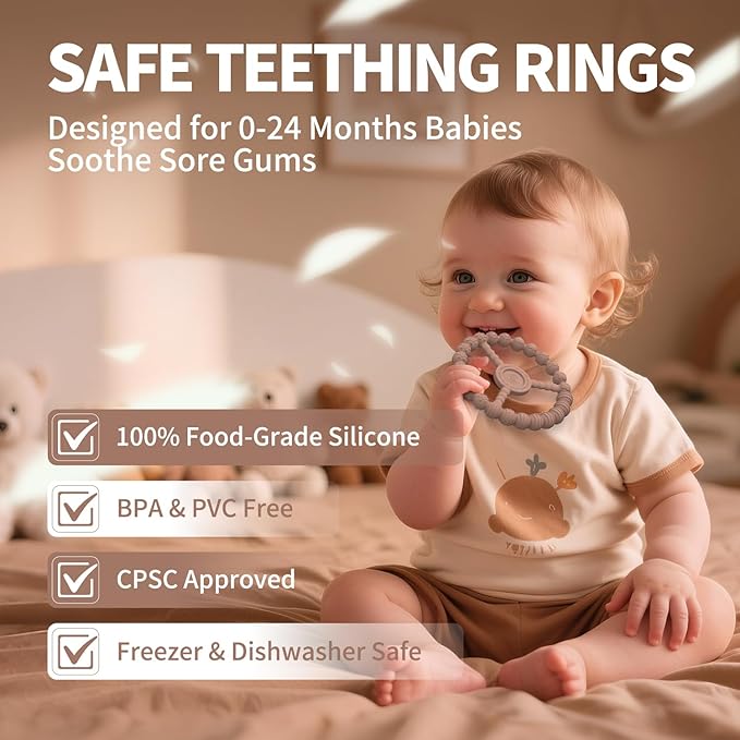 Baby Teething Rings 3-6 Months, 3 Pack Silicone Ring Teether Toys for Babies 0-6 & 6-12 Months Chewing Relief, Freezable & Easy Grip, Infant Essentials, Boys & Girls Gifts (Clay DustyRose Brown)