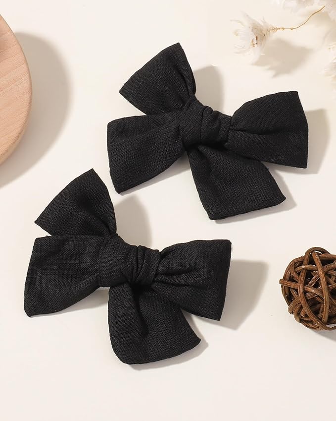 Jollybows 2pcs 3.2" Hair Bows Clips for Baby Girl Toddler Pigtail Neutral Linen Hair Clip Bows -Black