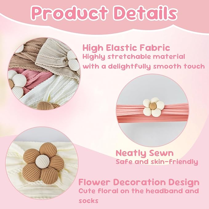 Baby Girl Headbands and Socks Set, Non-Slip Socks with Flower Hairbands, Comfortable Newborn Infant Toddler Accessories (Beige/Brown, 6-12 months)