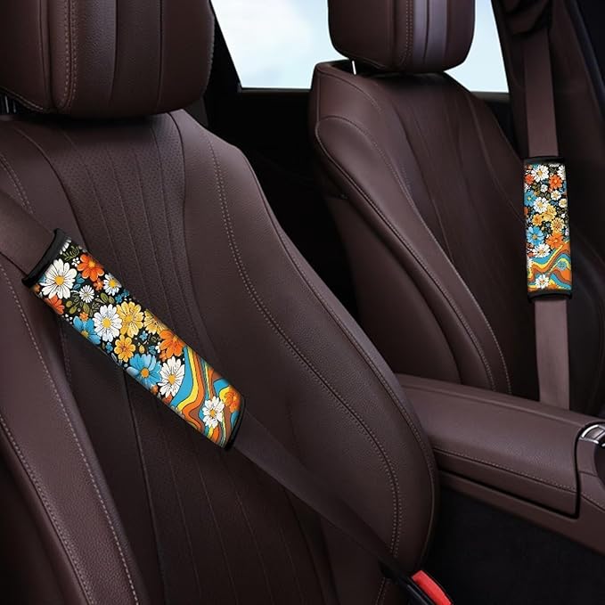 UNICEU Retro Groovy Flower Auto Seat Belt Pads Set of 2, 70S Car Accessory Decoraion Colorful Swirl Wavy Shoulder Seatbelt Pads Cushion Universal Fit Most Vehicle SUV Truck