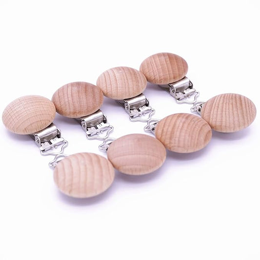 10Pcs 30mm (1.18") Natural Wood Pacifier Holder Round Beech Metal Wooden Pacifier Clip Suspender Clips DIY Pacifier Chain Accessories